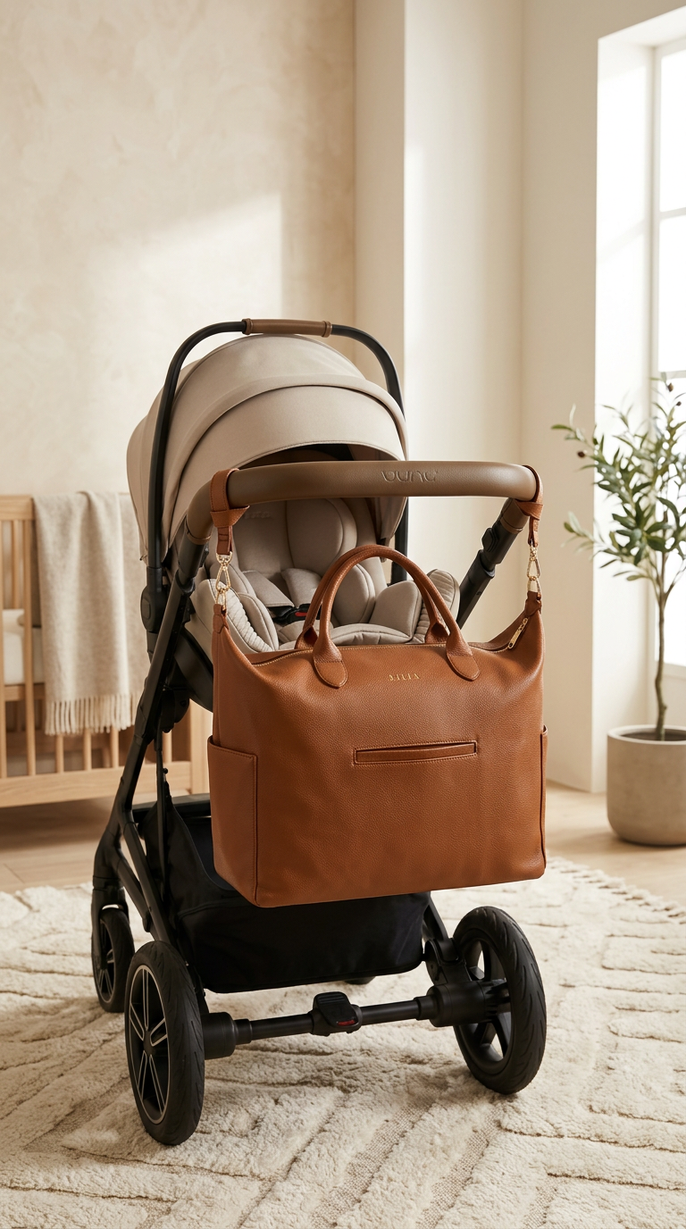 RILIA Signature Bag mit kurzen Lederriemen und goldenen Karabinern am Kinderwagen befestigt