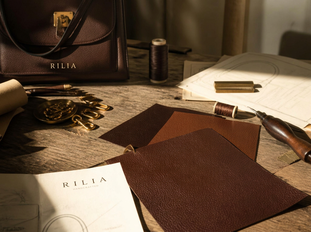 RILIA Atelier mit Lederproben, Goldbeschlägen und Schnittmustern
