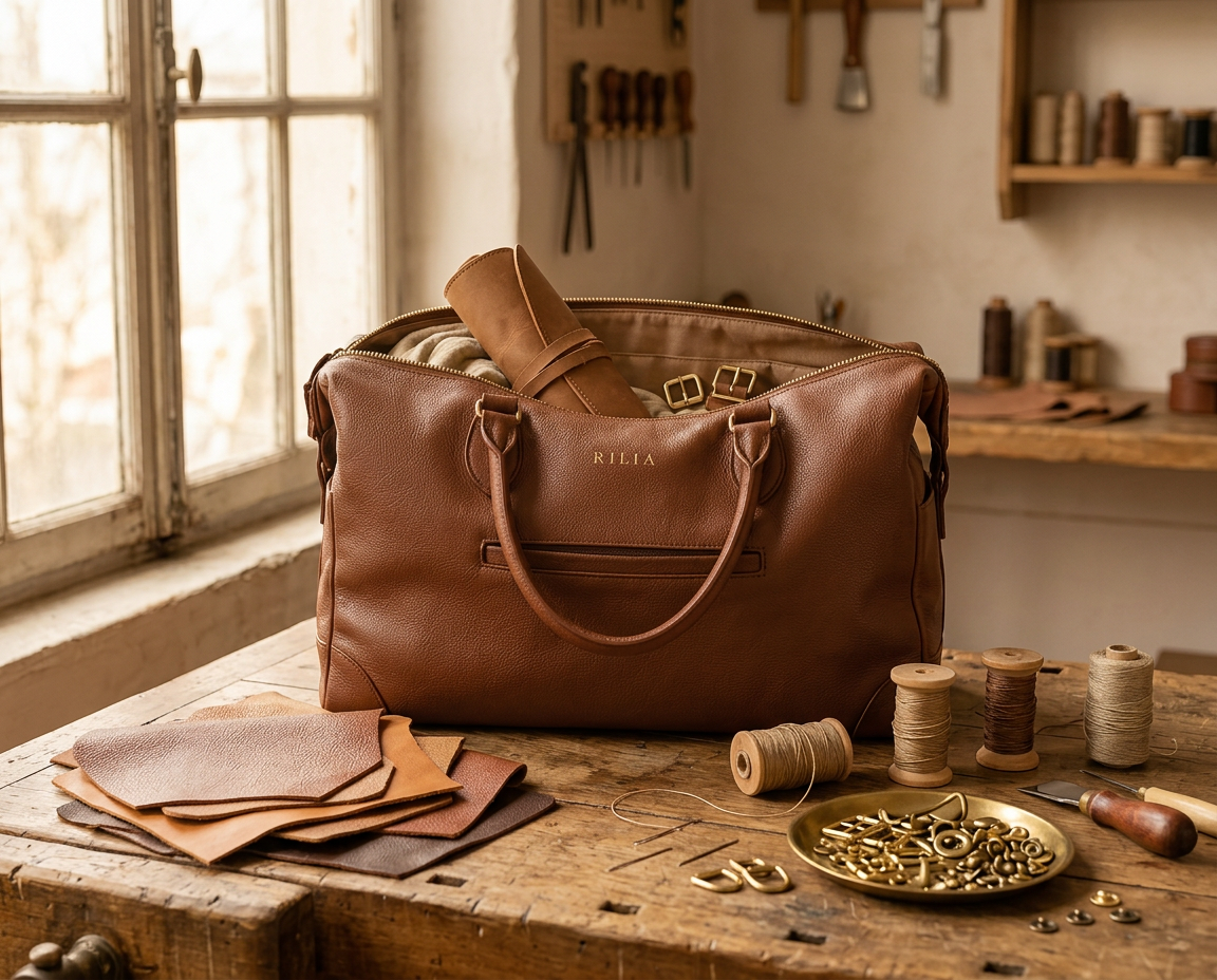RILIA Atelier mit Lederproben, Goldbeschlägen und Schnittmustern