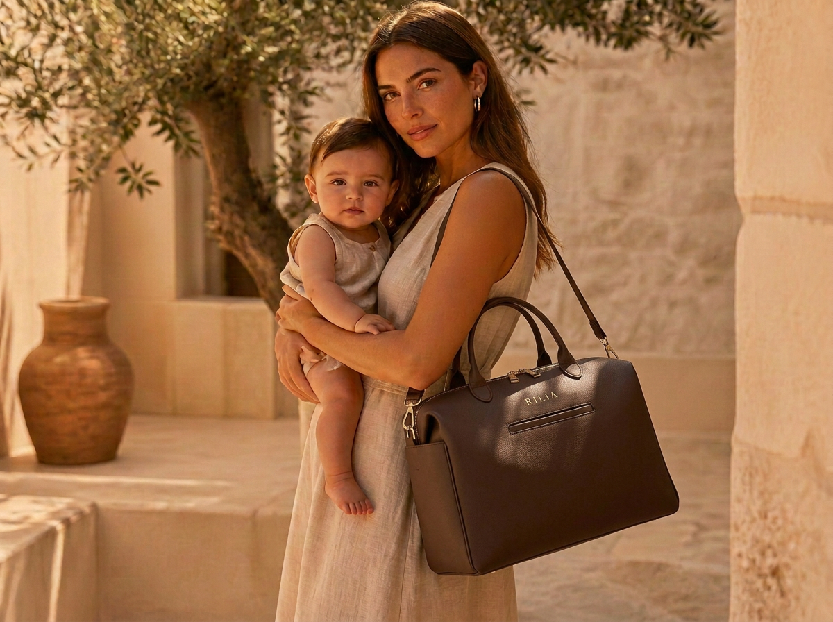 Mutter mit Baby und RILIA Tasche in einem mediterranen Innenhof