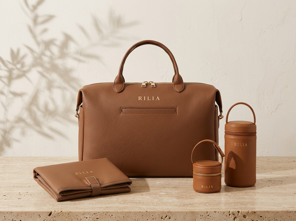 Das komplette RILIA Set: Signature Bag, Wickelmatte, Getränketasche und Schnullerbox mit goldenem RILIA Logo