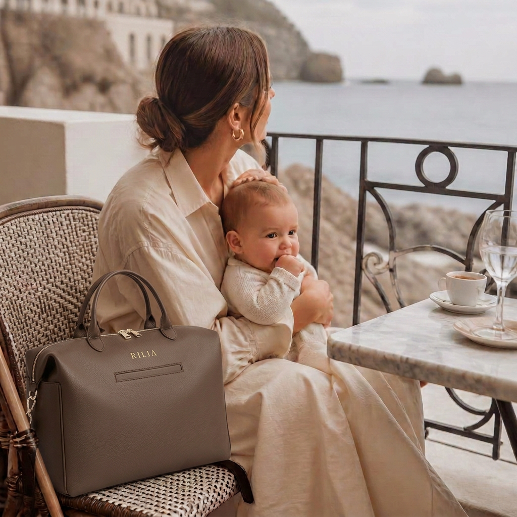 Mutter mit Baby auf einer Café-Terrasse am Meer, die RILIA Signature Bag als Rucksack neben ihr