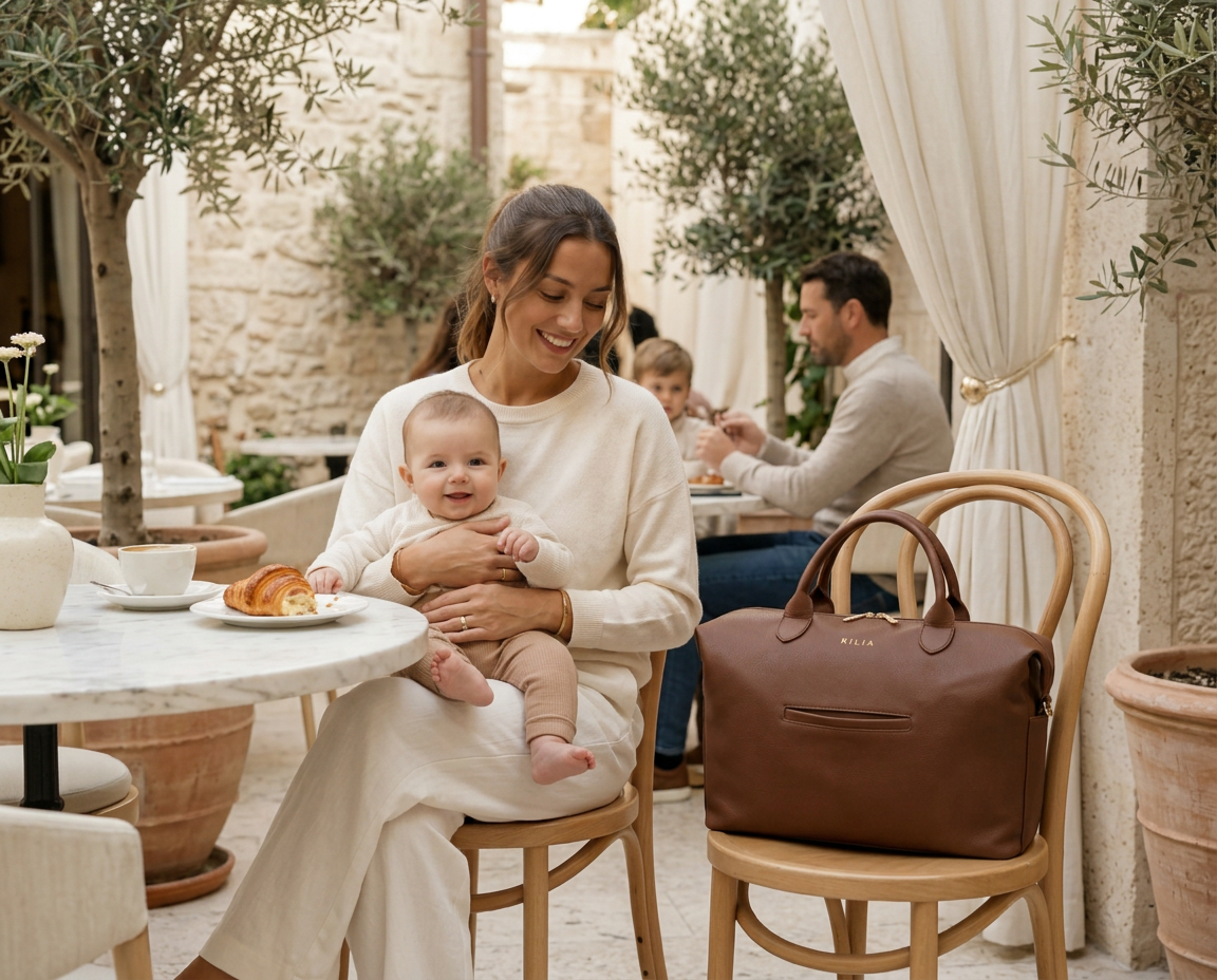 Mutter mit Baby auf einer Café-Terrasse am Meer, die RILIA Signature Bag als Rucksack neben ihr