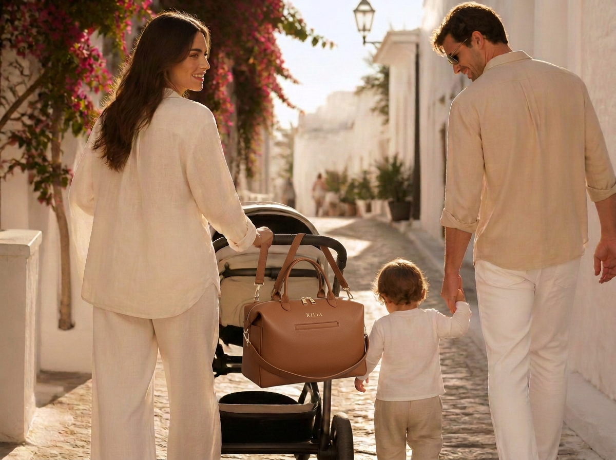 Familie spaziert durch eine mediterrane Gasse, die RILIA Signature Bag hängt am Kinderwagen