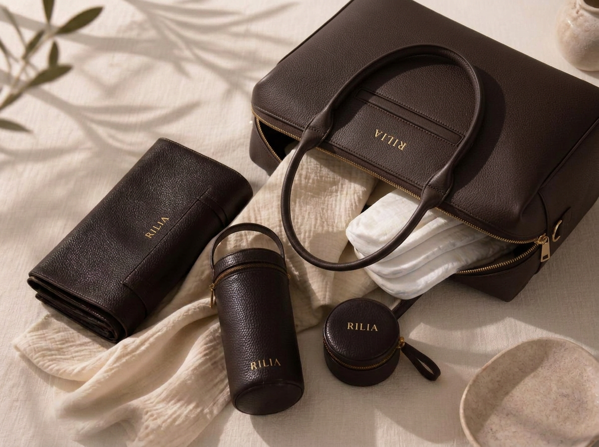 RILIA Signature Bag mit Wickelmatte, Flaschentasche und Schnullerbox auf Leinen ausgelegt