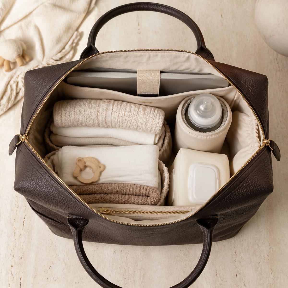Blick von oben in die geöffnete RILIA Signature Bag mit hellem Innenfutter und Fächern