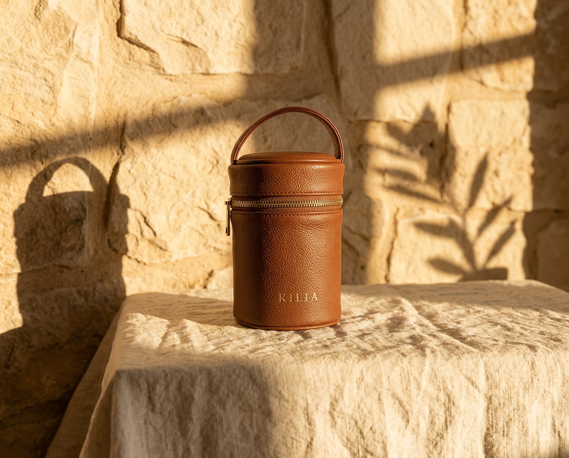 RILIA Bottle Bag auf einem Marmortisch einer Café-Terrasse