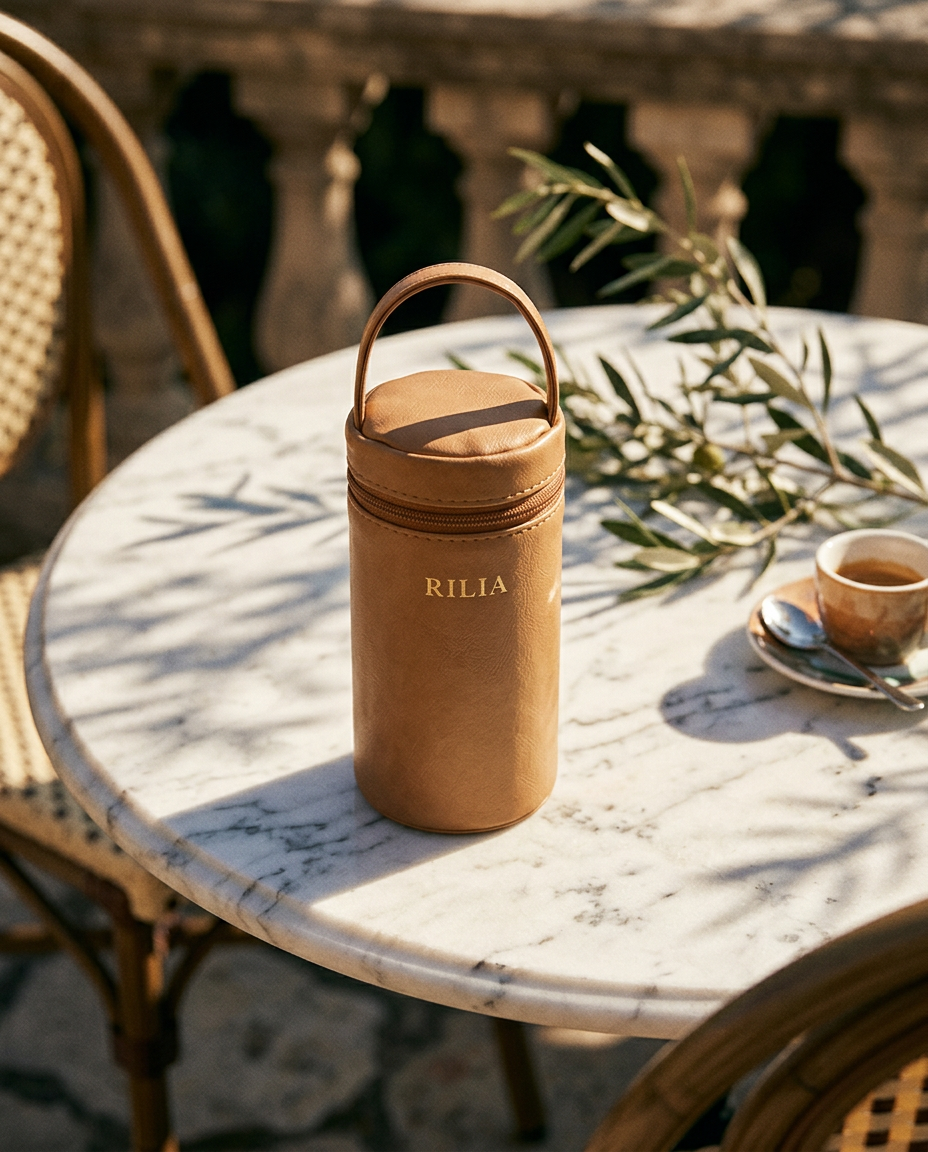 RILIA Bottle Bag auf einem Marmortisch einer Café-Terrasse