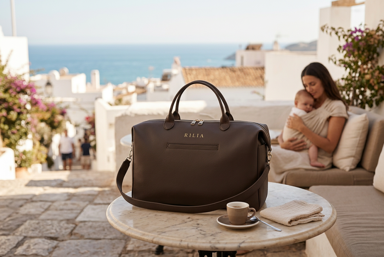 RILIA Signature Bag auf einem Marmortisch einer mediterranen Terrasse, Mutter mit Baby im Hintergrund